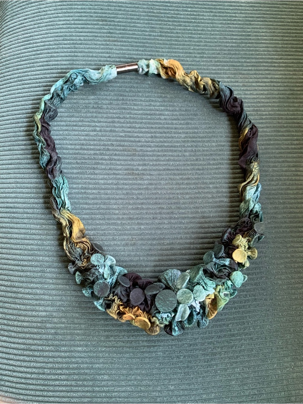 Handcrafted Multicolor Fabric Statement Necklace - Turquoise, Gold & Charcoal